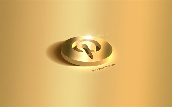 Logotipo do Pinterest 3d dourado, emblema do Pinterest, logotipo do Pinterest, fundo dourado, Pinterest, m&#237;dia social, arte 3D