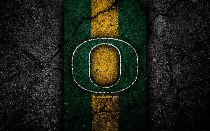 Oregon Ducks, 4k, time de futebol americano, NCAA, pedra verde amarela, EUA, textura de asfalto, futebol americano, logotipo do Oregon Ducks