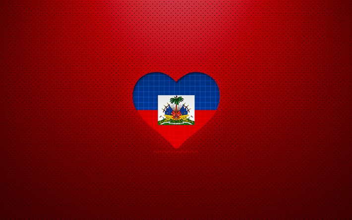 ハイチが大好き, 4k, 北米諸国, 赤い点線の背景, ハイチの国旗のハート, ハイチ, 好きな国, ハイチの国旗