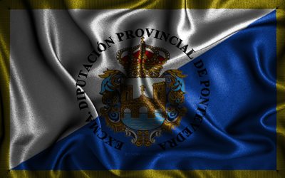 Pontevedran lippu, 4k, silkki aaltoilevat liput, Espanjan maakunnat, Pontevedran p&#228;iv&#228;, kangasliput, 3D-taide, Pontevedra, Eurooppa, Pontevedran 3D lippu, Espanja