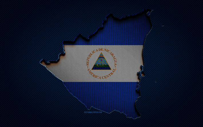 Carte du Nicaragua, 4k, Pays d’Am&#233;rique du Nord, drapeau du Nicaragua, fond en carbone bleu, silhouette de la carte du Nicaragua, Am&#233;rique du Nord, carte du Nicaragua, Nicaragua