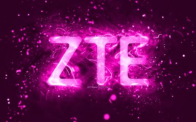 ZTE purple logo, 4k, purple neon lights, creative, purple abstract background, ZTE logo, brands, ZTE