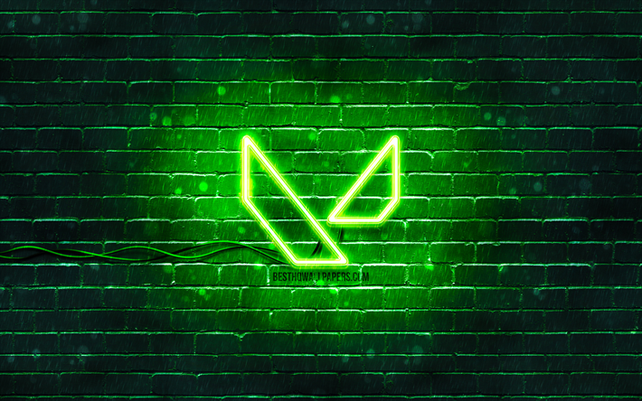 Valorant yeşil logo, 4k, yeşil tuğla duvar, Valorant logosu, oyun markaları, Valorant neon logosu, Valorant