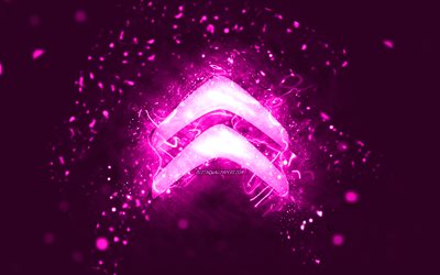 Citroen purple logo, 4k, purple neon lights, creative, purple abstract background, Citroen logo, cars brands, Citroen