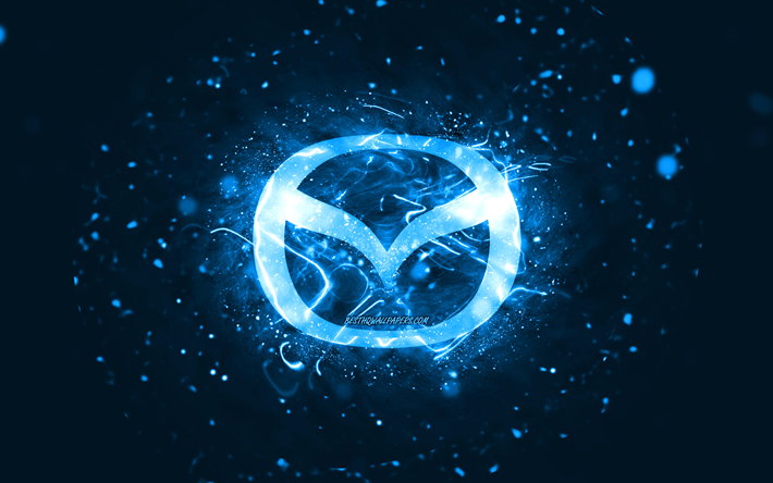 Logotipo azul da Mazda, 4k, luzes de n&#233;on azuis, criativo, fundo abstrato azul, logotipo da Mazda, marcas de carros, Mazda