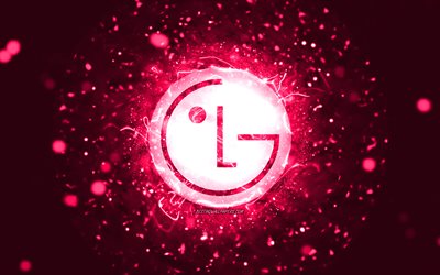 LG vaaleanpunainen logo, 4k, vaaleanpunaiset neon valot, luova, vaaleanpunainen abstrakti tausta, LG logo, tuotemerkit, LG