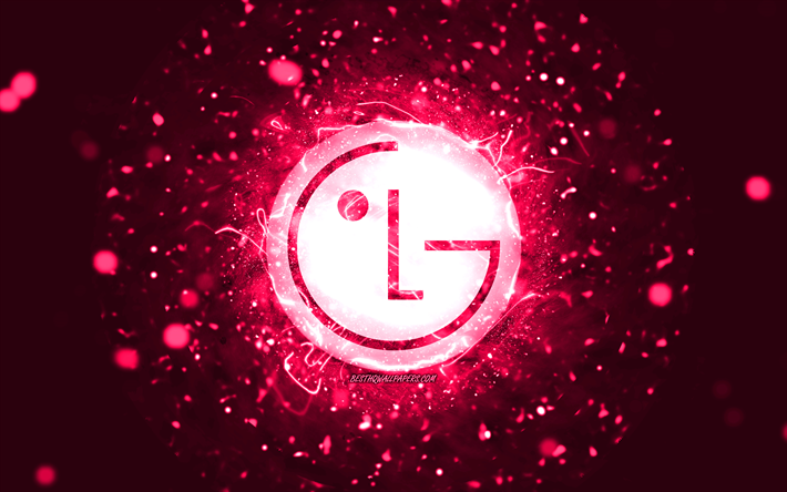 Logotipo rosa LG, 4k, luzes de n&#233;on rosa, criativo, fundo abstrato rosa, logotipo LG, marcas, LG