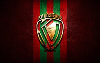 Oostende FC, logotipo dourado, Jupiler Pro League, fundo de metal vermelho, futebol, clube de futebol belga, logotipo KV Oostende, KV Oostende