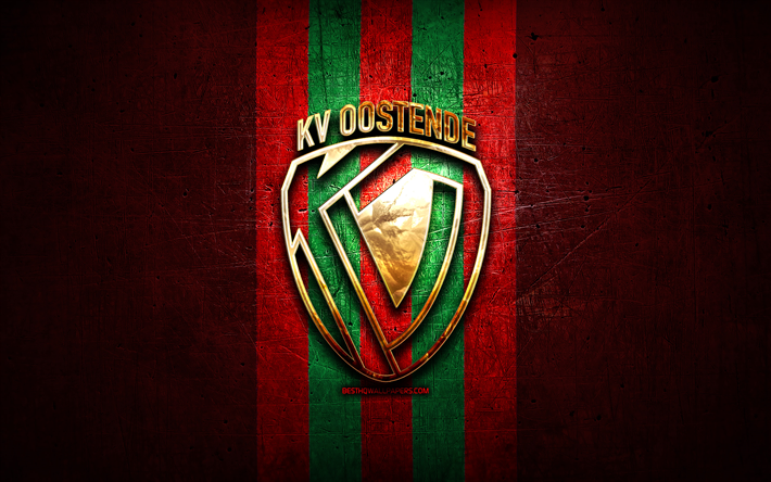 Oostende FC, logo dor&#233;, Jupiler Pro League, fond m&#233;tal rouge, football, club de football belge, logo KV Oostende, KV Oostende