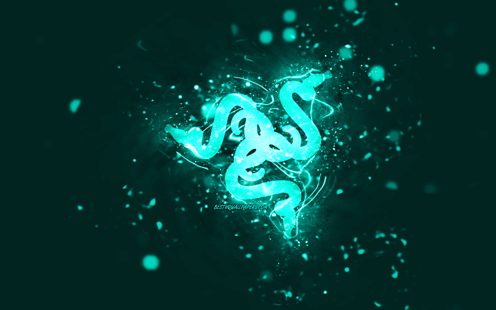 Razer turquoise logo, 4k, turquoise neon lights, creative, turquoise abstract background, Razer logo, brands, Razer