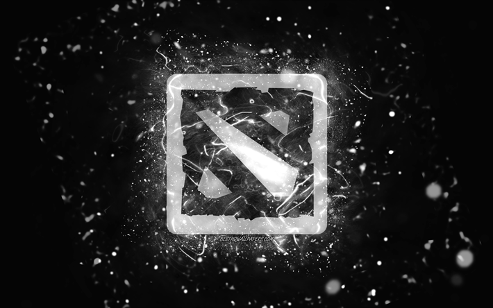 Logotipo branco do Dota 2, 4k, luzes de n&#233;on brancas, criativo, fundo abstrato preto, logotipo do Dota 2, jogos online, Dota 2