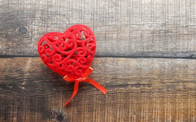 cuore rosso lavorato a maglia, sfondo legno, cuore rosso, romanticismo, concetti d'amore, sfondo cuore rosso