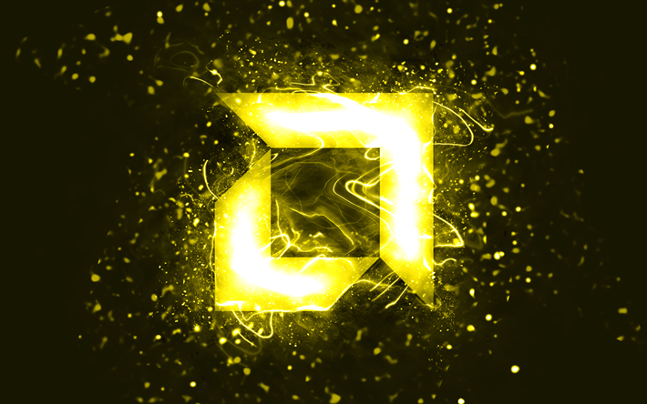 AMD yellow logo, 4k, yellow neon lights, creative, yellow abstract background, AMD logo, brands, AMD