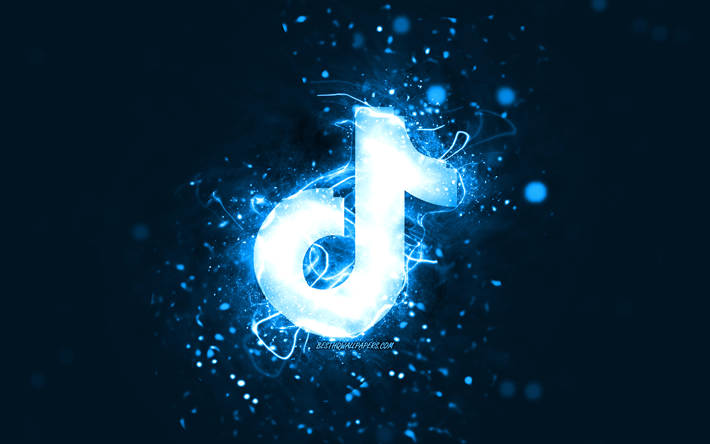 TikTok logo blu, 4k, luci al neon blu, creativo, sfondo astratto blu, logo TikTok, social network, TikTok