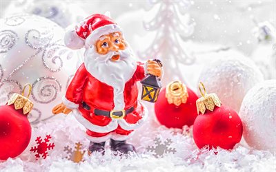 Cartoon Santa Claus, 4k, red xmas balls, New Year decoration, bokeh, Happy New Year, Merry Christmas, new year concepts, Santa Claus, christmas decorations