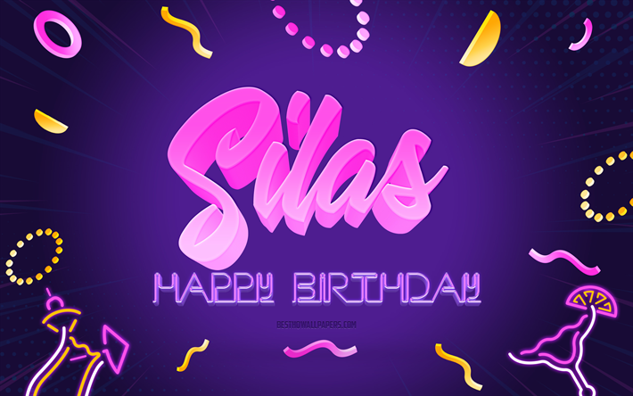 お誕生日おめでとうサイラス, 4k, 紫のパーティーの背景, しらす, クリエイティブアート, シラスの誕生日おめでとう, シラスの名前, シラスの誕生日, 誕生日パーティーの背景