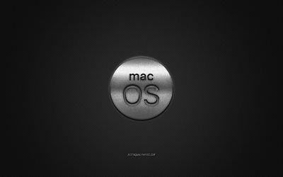 MacOS logo, silver shiny logo, MacOS metal emblem, gray carbon fiber texture, MacOS, brands, creative art