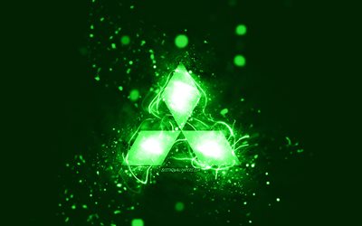 شعار ميتسوبيشي الأخضر, 4 ك, أضواء النيون الخضراء, إبْداعِيّ ; مُبْتَدِع ; مُبْتَكِر ; مُبْدِع, أخضر، جرد، الخلفية, شعار ميتسوبيشي, ماركات السيارات, ميتسوبيشي