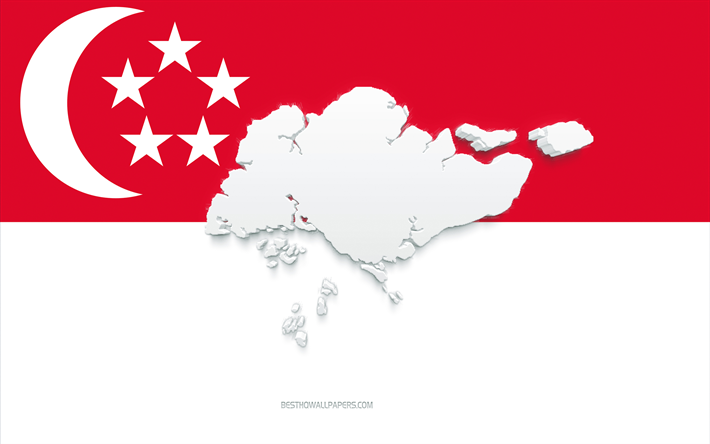 Silhouette de carte de Singapour, drapeau de Singapour, silhouette sur le drapeau, Singapour, silhouette de carte de Singapour 3d, carte 3d de Singapour