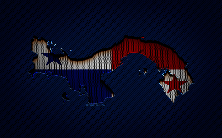 Carte du Panama, 4k, pays d&#39;Am&#233;rique du Nord, drapeau panam&#233;en, fond bleu carbone, silhouette de la carte du Panama, drapeau du Panama, Am&#233;rique du Nord, carte du Panama, Panama