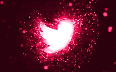 Twitter pink logo, 4k, pink neon lights, creative, pink abstract background, Twitter logo, social network, Twitter