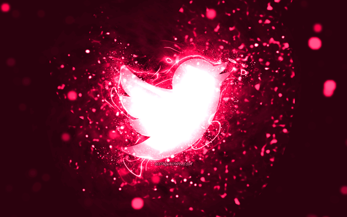 Logo rose Twitter, 4k, n&#233;ons roses, cr&#233;atif, fond abstrait rose, logo Twitter, r&#233;seau social, Twitter