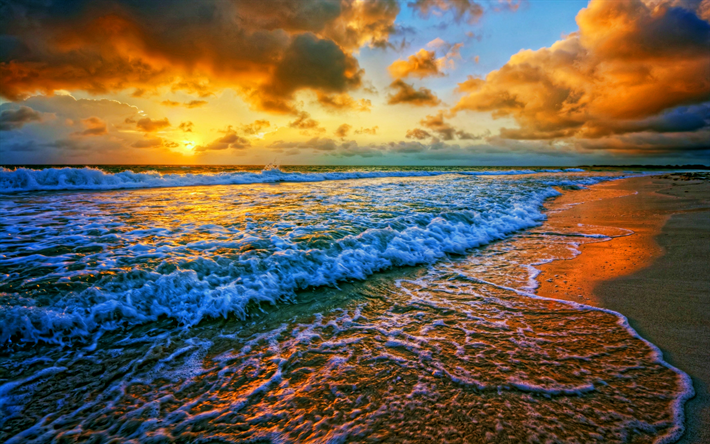 sunset, 海, Hdr, 海岸, 夏。, 波、, 美しい自然, 旅行の概念