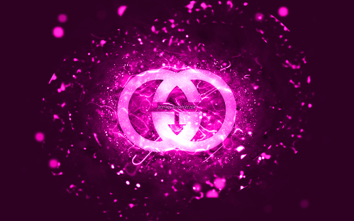 Gucci purple logo, 4k, purple neon lights, creative, purple abstract background, Gucci logo, brands, Gucci