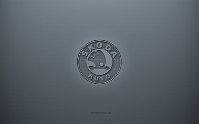 Logo Skoda, sfondo grigio creativo, emblema Skoda, struttura di carta grigia, Skoda, sfondo grigio, logo Skoda 3d
