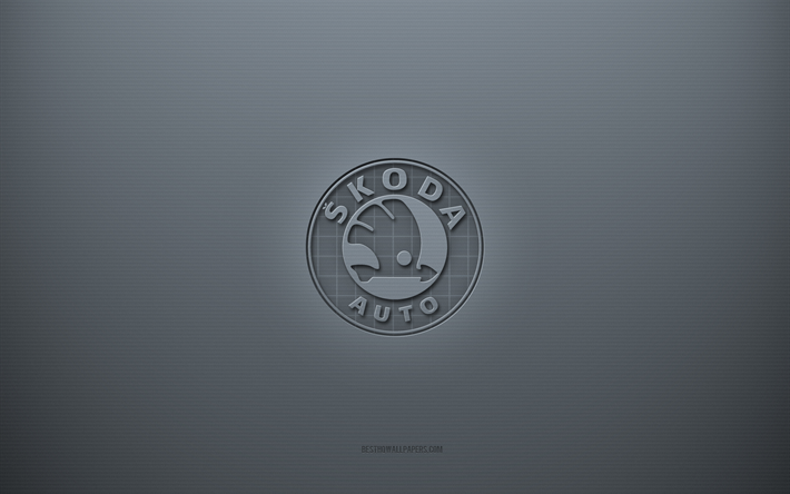 シュコダのロゴ, 灰色の創造的な背景, シュコダエンブレム, 灰色の紙の質感, シュコダ, 灰色の背景, シュコダ3Dロゴ