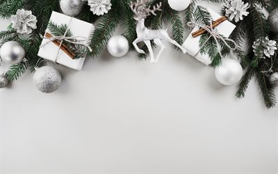 White Christmas background, white background, deer, white gift box, Merry Christmas, Happy New Year, Christmas frame