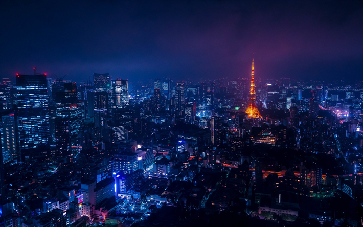 Tokyo, notte, panorama, Torre di Tokyo, Minato, grattacieli, metropoli di Tokyo, panorama notturno di Tokyo, paesaggio urbano di Tokyo, Giappone