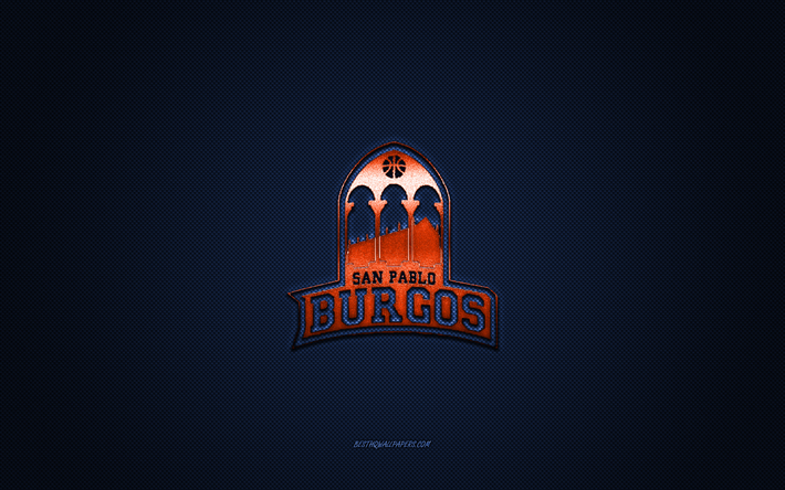 CB San Pablo Burgos, clube de basquete espanhol, logotipo laranja, fundo de fibra de carbono azul, Liga ACB, basquete, Burgos, Espanha, logotipo do CB San Pablo Burgos