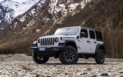 2021, Jeep Wrangler Unlimited Rubicon, exterior, front view, new white Wrangler Rubicon, SUV, American cars, Jeep