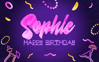 Grattis på födelsedagen Sophie, 4k, Lila festbakgrund, Sophie, kreativ konst, Grattis Sophie på födelsedagen, Sophie namn, Sophie Birthday, Födelsedagsfest bakgrund