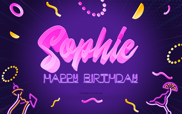 お誕生日おめでとうソフィー, 4k, 紫のパーティーの背景, ソフィー, クリエイティブアート, ソフィーの誕生日おめでとう, ソフィーの名前, ソフィーの誕生日, 誕生日パーティーの背景