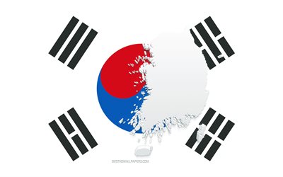 South Korea map silhouette, Flag of South Korea, silhouette on the flag, South Korea, 3d South Korea map silhouette, South Korea flag, South Korea 3d map