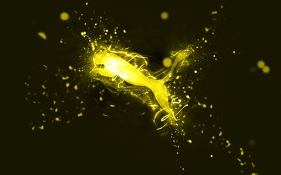 Logotipo amarelo da Puma, 4k, luzes de néon amarelas, criativo, fundo abstrato amarelo, logotipo da Puma, marcas, Puma
