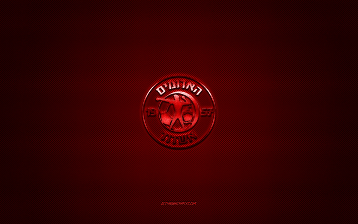 Hapoel Ashdod FC, club de football isra&#233;lien, Liga Leumit, logo rouge, fond en fibre de carbone rouge, football, Ashdod, Isra&#235;l, logo Hapoel Ashdod FC