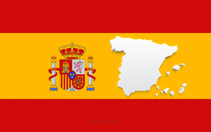 Silhueta do mapa da Espanha, Bandeira da Espanha, silhueta na bandeira, Espanha, 3D Silhueta do mapa da Espanha, Mapa 3D da Espanha