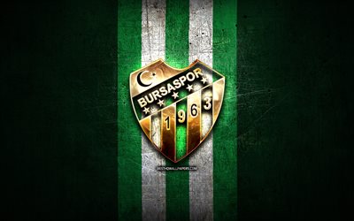 Bursaspor Basketbol, golden logo, Basketbol Super Ligi, green metal background, turkish basketball team, Bursaspor Basketbol logo, basketball, Frutti Extra Bursaspor
