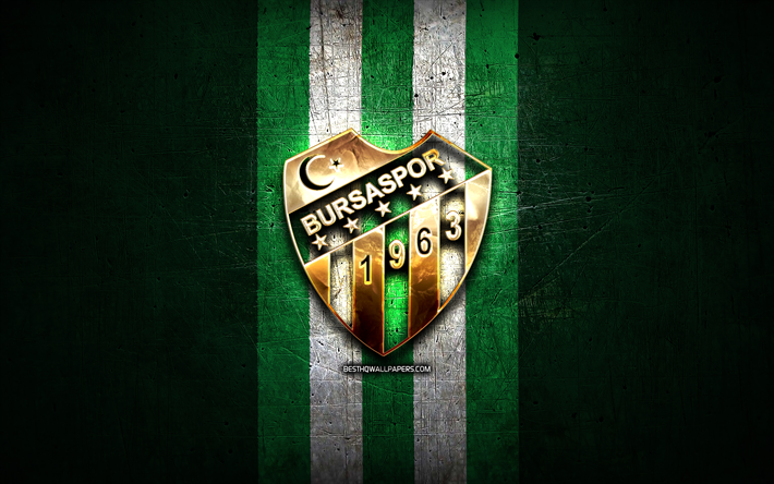 Bursaspor Basketbol, golden logo, Basketbol Super Ligi, green metal background, turkish basketball team, Bursaspor Basketbol logo, basketball, Frutti Extra Bursaspor