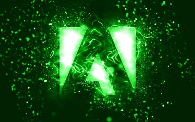 Adobe green logo, 4k, green neon lights, creative, green abstract background, Adobe logo, brands, Adobe
