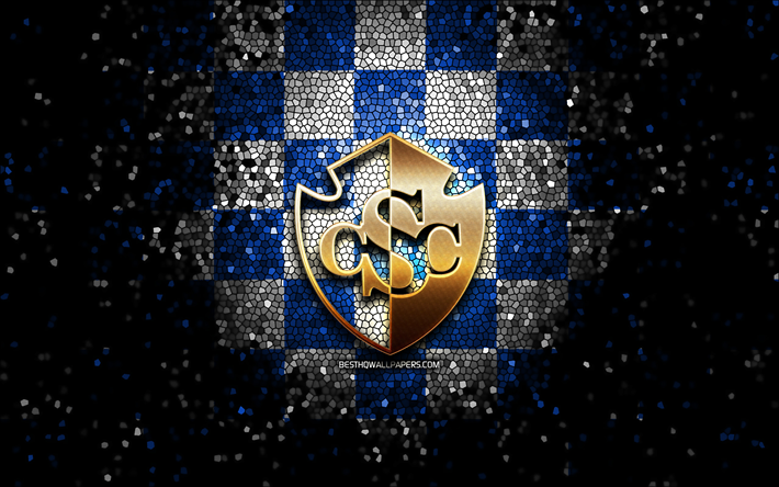CS Cartagines, logo glitter, Liga FPD, blu, bianco, sfondo a scacchi, calcio, Costa Rica football club, Cartagines FC logo, arte del mosaico, Cartagines FC