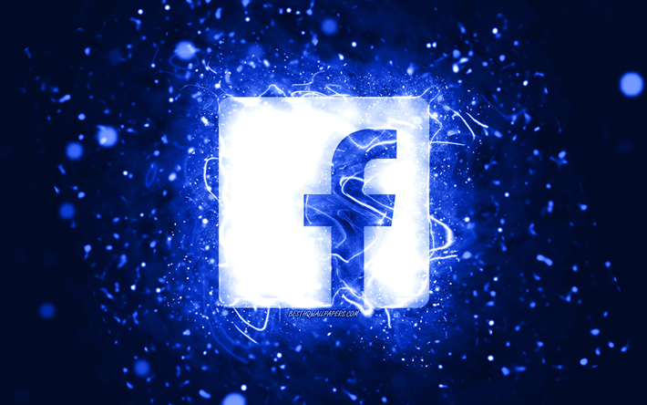 Logotipo azul escuro do Facebook, 4k, luzes de n&#233;on azul escuro, criativo, fundo abstrato azul escuro, logotipo do Facebook, rede social, Facebook