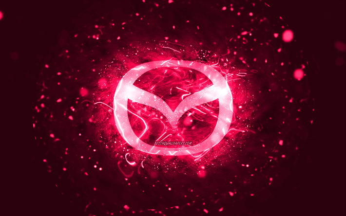 Logotipo rosa da Mazda, 4k, luzes de n&#233;on rosa, criativo, fundo abstrato rosa, logotipo da Mazda, marcas de carros, Mazda