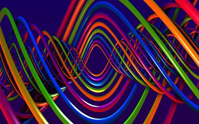 fili multicolori 3d, sfondo di fili 3d, intreccio 3d di fili, fili colorati, sfondo viola, fili 3d