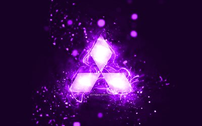 Mitsubishi violet logo, 4k, violet neon lights, creative, violet abstract background, Mitsubishi logo, cars brands, Mitsubishi