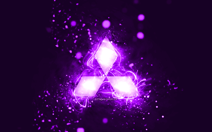 Logo violet Mitsubishi, 4k, n&#233;ons violets, cr&#233;atif, fond abstrait violet, logo Mitsubishi, marques de voitures, Mitsubishi