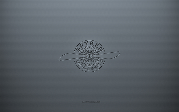 Logo Spyker, sfondo grigio creativo, emblema Spyker, trama di carta grigia, Spyker, sfondo grigio, logo Spyker 3d
